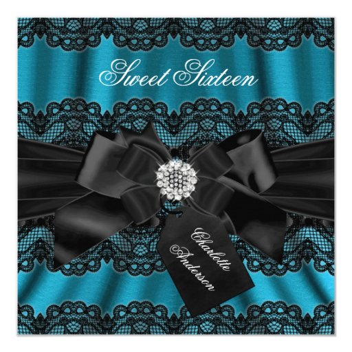 Lace And Bow Teal Black Sweet Sixteen Party Invite Zazzle