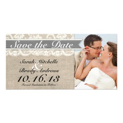 Lace & Burlap Vintage Save the Date - Gray Customized Photo Card