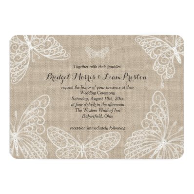 Lace Butterflies on Burlap Wedding Invitation