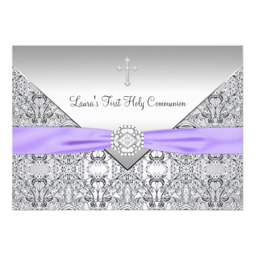 Lace Cross Girls Purple First Communion Invitations (front side)