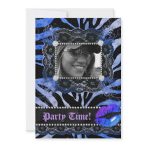 Lace Diamonds Birthday Party Zebra Blue Lips Invite