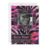 Lace Diamonds Birthday Party Zebra Pink Lips Custom Invitation