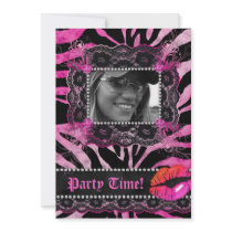 Lace Diamonds Birthday Party Zebra Pink Lips Custom Invitation