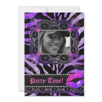 Lace Diamonds Birthday Party Zebra Purple Lips Custom Invite