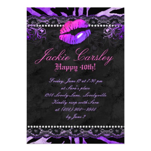 Lace Diamonds Birthday Party Zebra Purple Lips Custom Invite