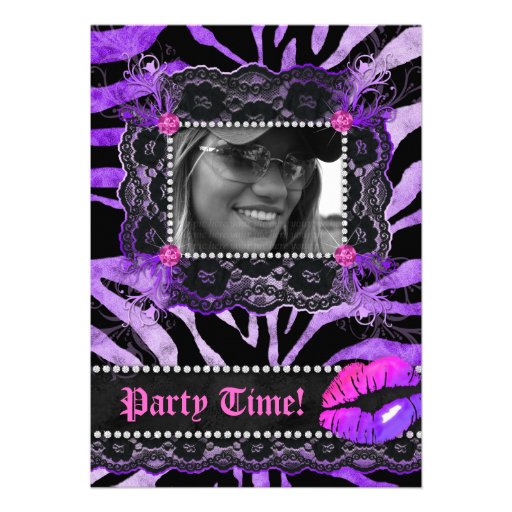 Lace Diamonds Birthday Party Zebra Purple Lips Custom Invite