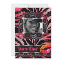 Lace Diamonds Birthday Party Zebra Red Lips Invite