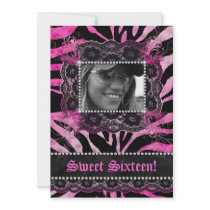 Lace Diamonds Sweet 16 Birthday Party Zebra Pink Custom Announcements