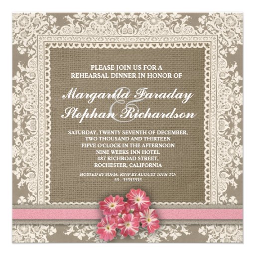 lace flowers & burlap rehearsal dinner invitations