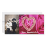 LACE HEART MONOGRAM SILK FUCHSIA CLOTH , Pink Red Personalized Photo Card