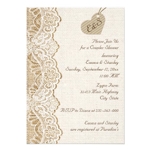 Lace & heart on burlap wedding couples shower personalized invitations