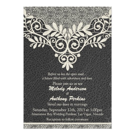 Lace Leather Rustic Black Ivory Biker Wedding Invitations
