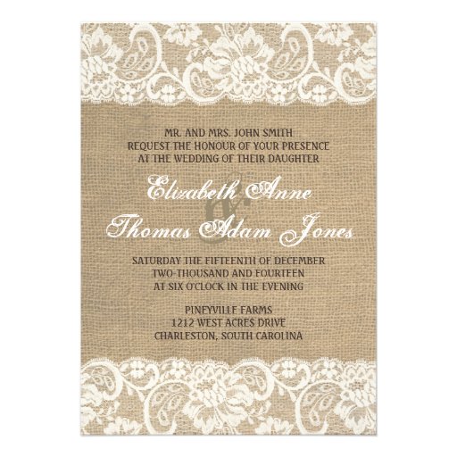 Lace Look Rustic WARM Burlap Wedding Invitation