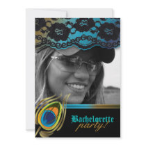 Lace Peacock Birthday Party Zebra Blue Gold Custom Invitation