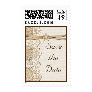 Lace, ribbon and burlap wedding Save the Date Postage Stamp