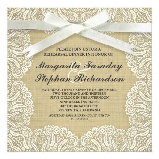 lace ribbon & burlap rustic rehearsal dinner custom invitations