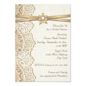 Lace, ribbon flower & burlap wedding bridal shower 5x7 paper invitation card