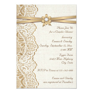 Lace ribbon flower & burlap wedding couples shower 5x7 paper invitation card