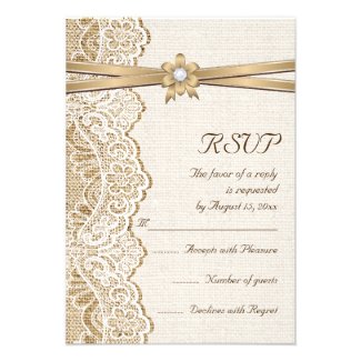 Lace, ribbon flower & burlap wedding RSVP response Personalized Invite
