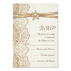 Lace, ribbon flower & burlap wedding RSVP response 3.5x5 Paper Invitation Card