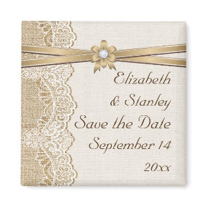 Lace, ribbon flower & burlap wedding Save the Date Fridge Magnets