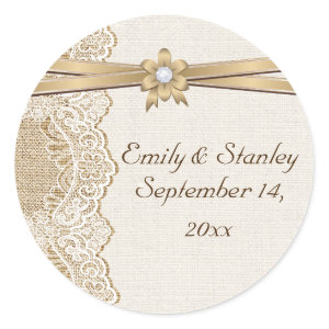 Lace, ribbon flower & burlap wedding Save the Date Classic Round Sticker