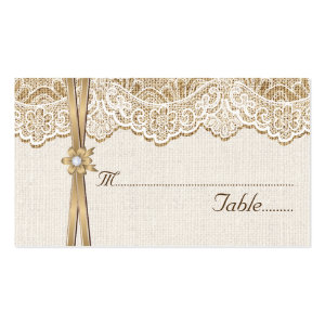 Lace, ribbon & flower on burlap wedding place card Double-Sided standard business cards (Pack of 100)