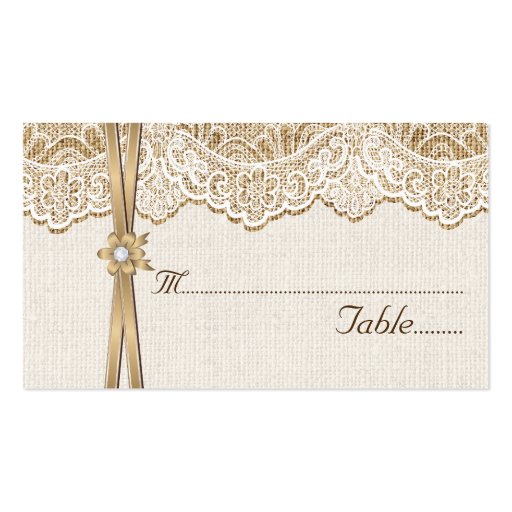 Lace, ribbon & flower on burlap wedding place card business card (back side)