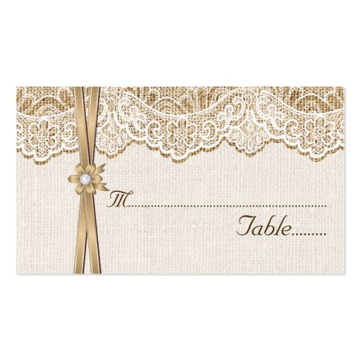 Lace, ribbon & flower on burlap wedding place card business card (front side)