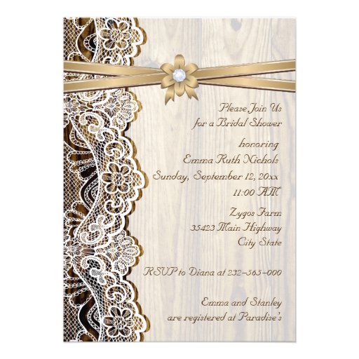 Lace, ribbon flower & wood wedding bridal shower invites