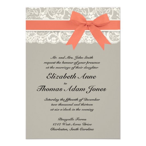 Lace Ribbon Gray and Coral Wedding Invitation (front side)