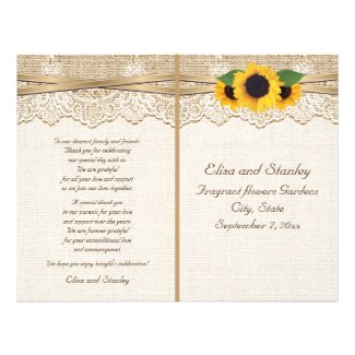 Lace ribbon & sunflowers on burlap wedding program personalized flyer