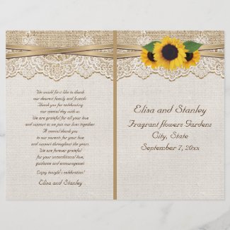 Lace ribbon & sunflowers on burlap wedding program flyers