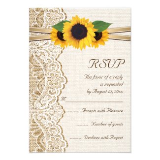 Lace, ribbon & sunflowers on burlap wedding RSVP Announcements