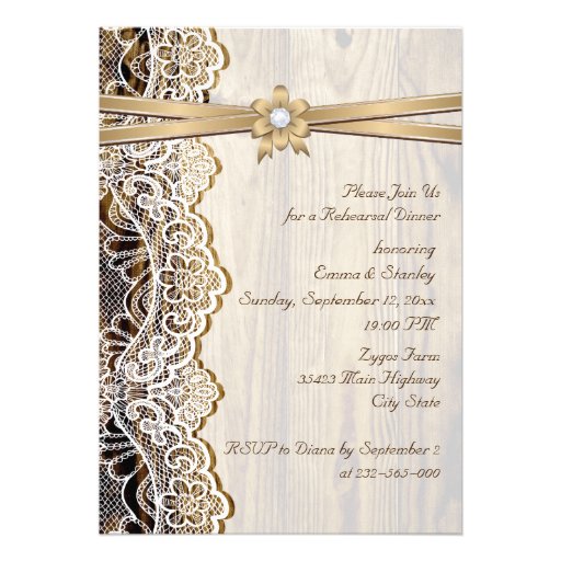 Lace ribbon & wood wedding rehearsal dinner personalized announcements