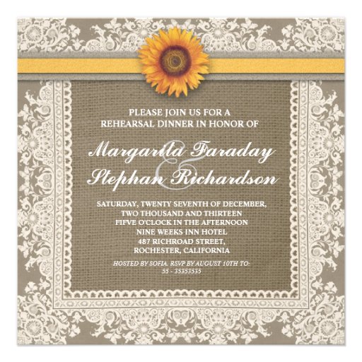 lace sunflower & burlap rehearsal dinner invites