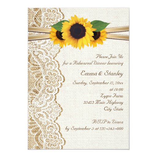 Lace, sunflowers & burlap wedding rehearsal dinner invitations
