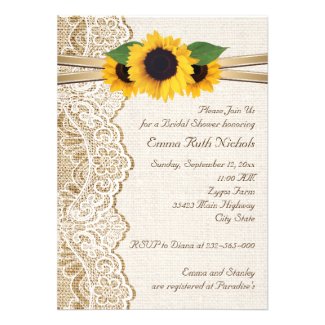 Lace & sunflowers on burlap wedding bridal shower invites
