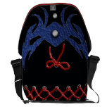 "laced up" black and blue courier bags