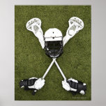 Lacrosse sticks, gloves, balls and sports helmet poster