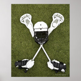 Lacrosse sticks, gloves, balls and sports helmet poster