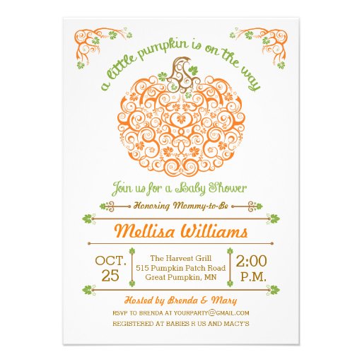 Lacy Little Pumpkin Baby Shower Invitation (front side)