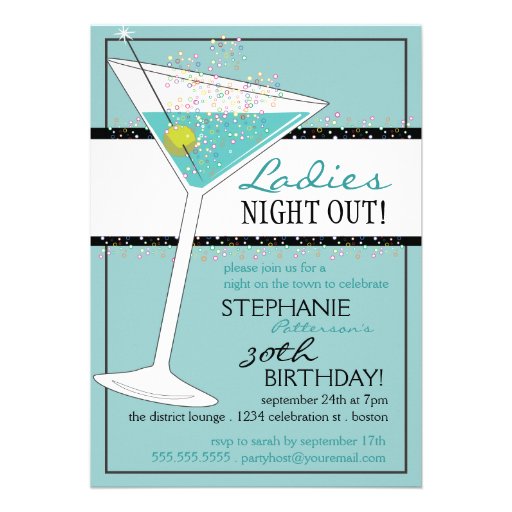 Ladies Night Out Martini Aqua Birthday Celebration Personalized Announcements