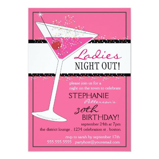 Ladies Night Out Martini Pink Birthday Celebration Custom Announcement (front side)