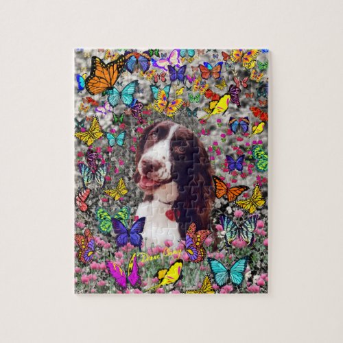 Lady in Butterflies - Brittany Spaniel jigsaw puzzle