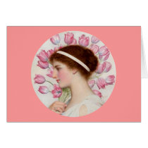 Lady in Classical Dress with Pink Tulips Card