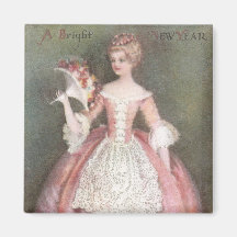 Lady in Pink Dress with Bouquet Vintage New Year Refrigerator Magnet