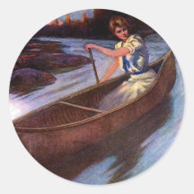 Lady Paddling Canoe Down Waterway Round Sticker