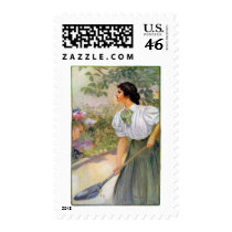 Lady Shoveling Dirt in Flower Bed Postage Stamp
