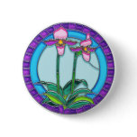 Lady Slipper Orchids in Circular Stained Glass Button